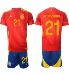 Men's Spain Team #21 Mikel Oyarzabal 2024-25 Red Home Soccer Jersey Suit