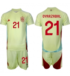 Men's Spain Team #21 Mikel Oyarzabal 2024-25 Yellow Away Soccer Jersey Suit