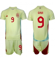 Men's Spain Team #9 Gavi 2024-25 Yellow Away Soccer Jersey Suit