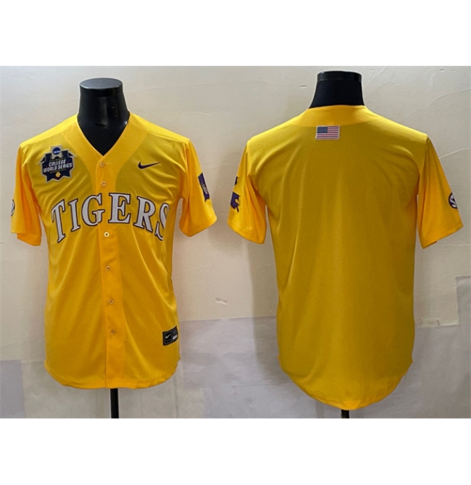 Men's LSU Tigers Blank Gold 2025 World Series & SEC Patch Stitched Baseball Jersey