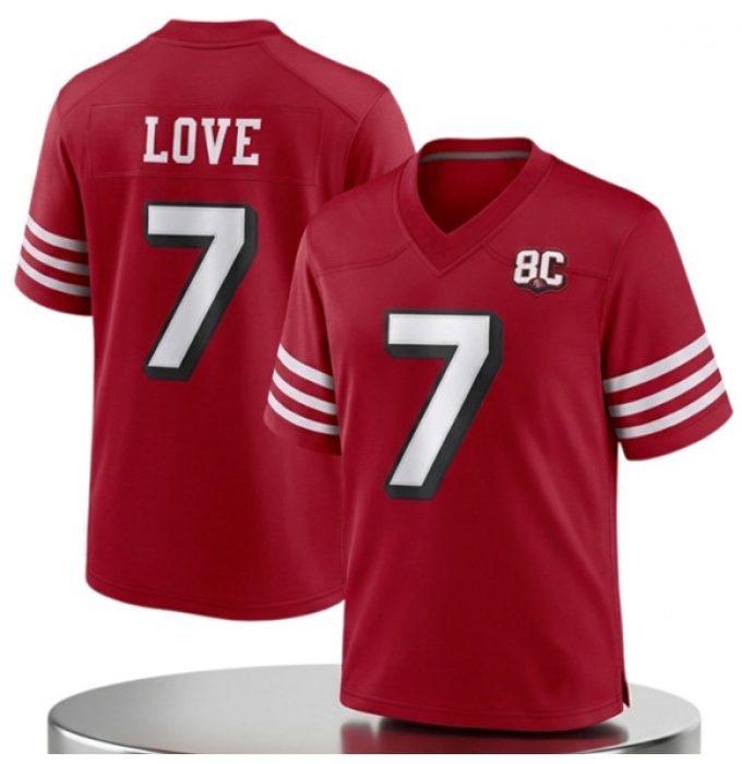 Men's San Francisco 49ers #7 Daejon Love Red 80th Anniversary 2026 Football Stitched Jersey