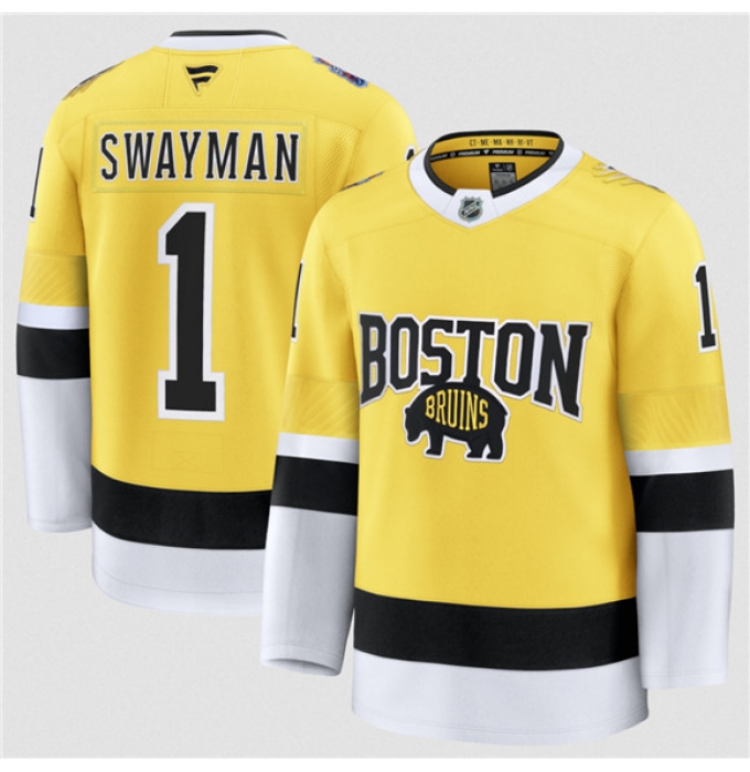 Men's Boston Bruins #1 Jeremy Swayman Gold 2026 Stadium Series Stitched Hockey Jersey