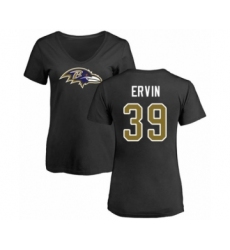 Football Women's Baltimore Ravens #39 Tyler Ervin Black Name & Number Logo T-Shirt