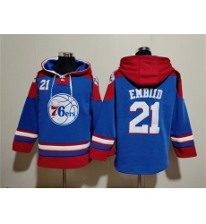 Men's Philadelphia 76ers #21 Joel Embiid Royal Red Lace-Up Pullover Hoodie