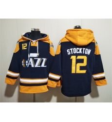 Men's Utah Jazz #12 John Stockton Navy Yellow Lace-Up Pullover Hoodie