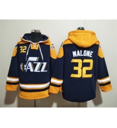 Men's Utah Jazz #32 Karl Malone Navy Yellow Lace-Up Pullover Hoodie