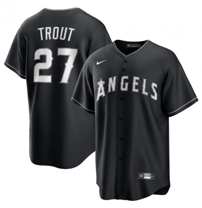 Men's Los Angeles Angels #27 Mike Trout Black Lights Out Limited Stitched Baseball Jersey