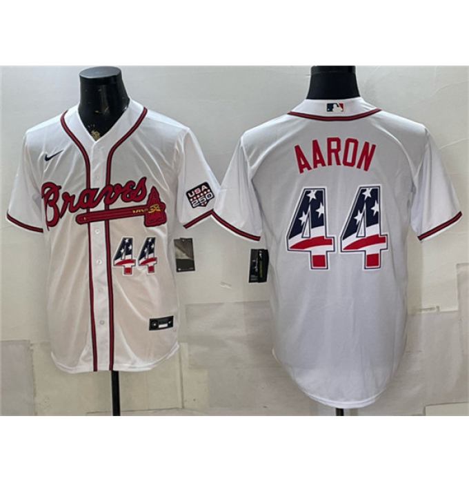 Men's Atlanta Braves #44 Hank Aaron White USA 250 Fourth of July Home Stadium Stitched Baseball Jersey