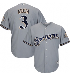 Men's Majestic Milwaukee Brewers #3 Orlando Arcia Replica Grey Road Cool Base MLB Jersey