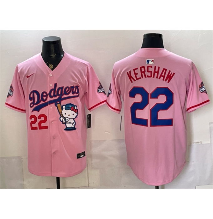 Men's Los Angeles Dodgers #22 Clayton Kershaw Pink Hello Kitty Night 2025 World Series Champions Stitched Baseball Jersey