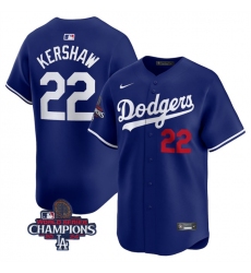 Men's Los Angeles Dodgers #22 Clayton Kershaw Royal 2024 World Series Champions Alternate Limited Stitched Baseball Jersey