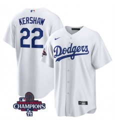 Men's Los Angeles Dodgers #22 Clayton Kershaw White 2024 World Series Champions Cool Base Stitched Baseball Jersey