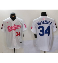 Men's Los Angeles Dodgers #34 Fernando Valenzuela White Pink Vin & Kobe Stitched Baseball Jersey1