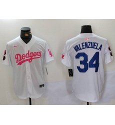 Men's Los Angeles Dodgers #34 Fernando Valenzuela White Pink Vin & Kobe Stitched Baseball Jersey