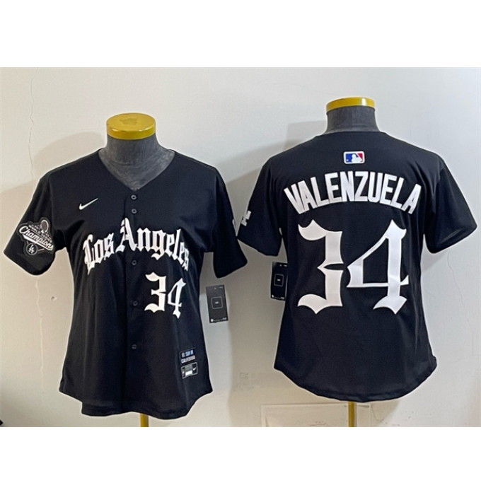 Youth Los Angeles Dodgers #34 Fernando Valenzuela Black 2025 World Series Champions LA Gothic Edition Limited Stitched Baseball Jersey
