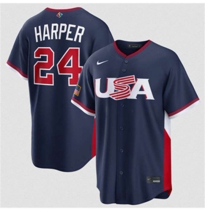 Men's USA Baseball #24 Bryce Harper Navy 2026 World Baseball Classic Road Stadium Stitched Jersey