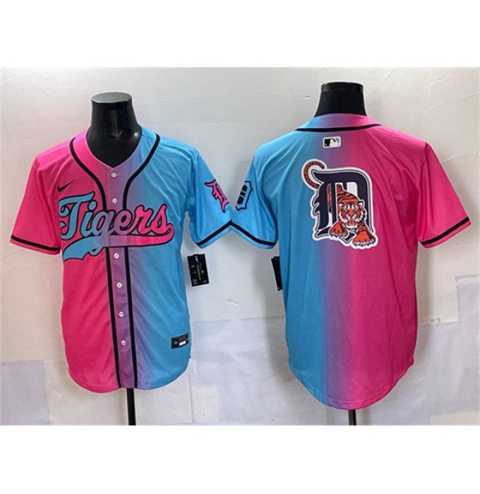 Men's Detroit Tigers Team Big Logo Pink Blue Limited Stitched Baseball Jersey