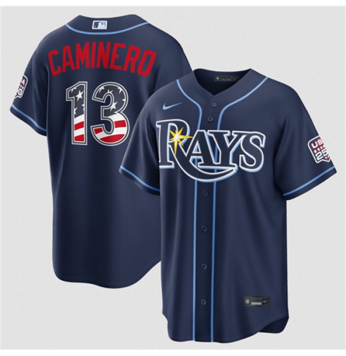 Men's Tampa Bay Rays #13 Junior Caminero Navy 2026 USA 250 Fourth of July Home Stitched Baseball Jersey
