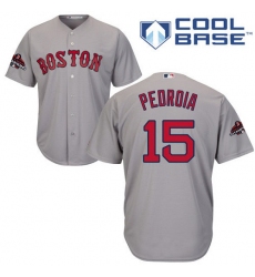 Youth Majestic Boston Red Sox #15 Dustin Pedroia Authentic Grey Road Cool Base 2018 World Series Champions MLB Jersey