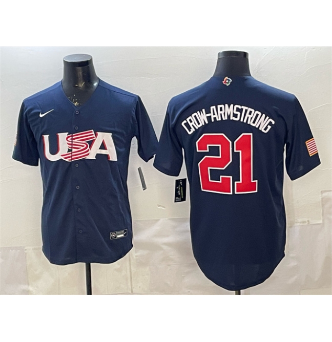 Men's USA Baseball #21 Pete Crow-Armstrong Navy World Baseball Classic Stitched Jersey