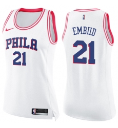 Women's Nike Philadelphia 76ers #21 Joel Embiid Swingman White/Pink Fashion NBA Jersey