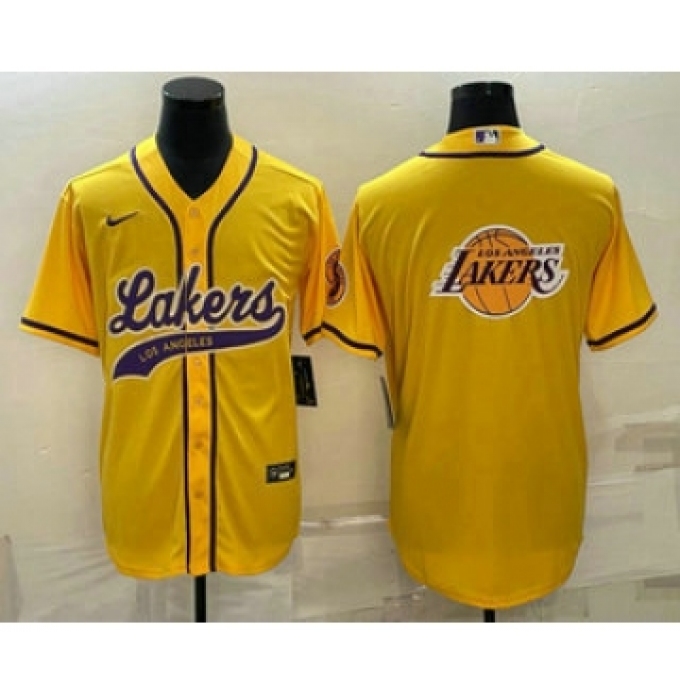 Men's Los Angeles Lakers Yellow Team Big Logo Cool Base Stitched Baseball Jersey