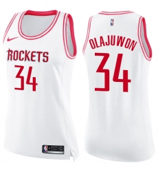 Women's Nike Houston Rockets #34 Hakeem Olajuwon Swingman White/Pink Fashion NBA Jersey