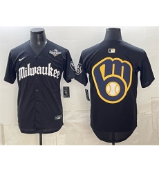 Mens Milwaukee Brewers Team Big Logo Black Gothic 2026 World Series Stitched Baseball Jersey