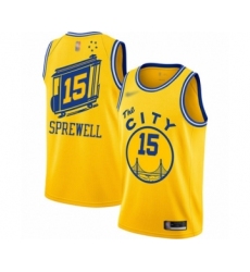 Men's Golden State Warriors #15 Latrell Sprewell Authentic Gold Hardwood Classics Basketball Jersey - The City Classic Edition