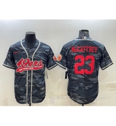 Men's San Francisco 49ers #23 Christian McCaffrey Grey Camo With Patch Cool Base Stitched Baseball Jersey