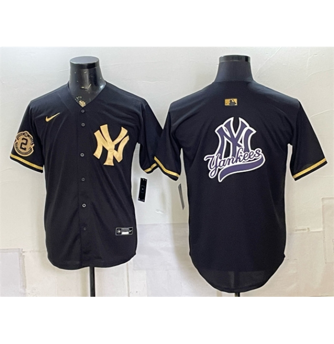 Men's New York Yankees Team Big Logo Black Gold With Stitched Baseball Jersey