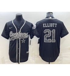 Men's Dallas Cowboys #21 Ezekiel Elliott Black Reflective With Patch Cool Base Stitched Baseball Jersey
